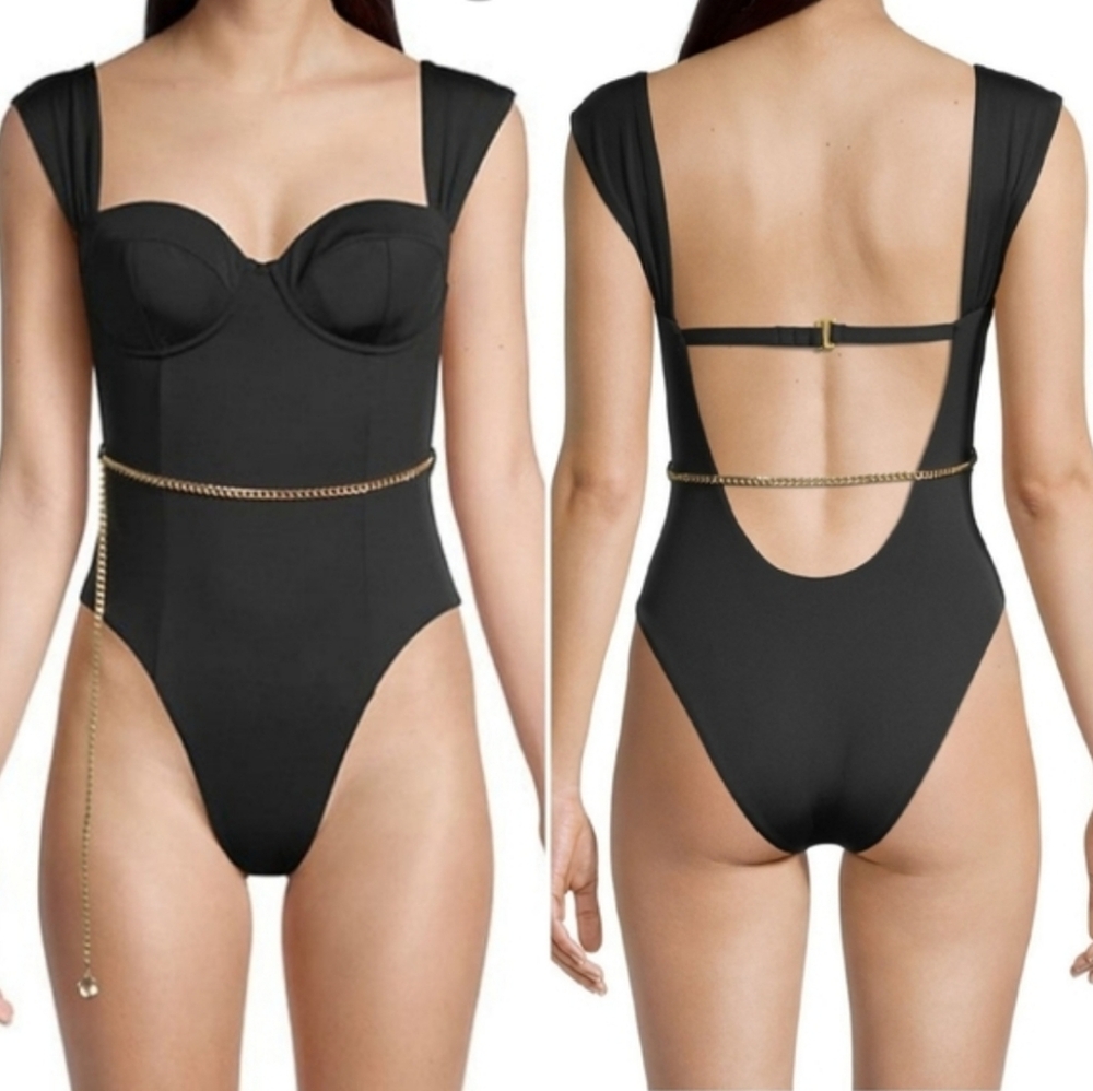 NEW WeWoreWhat Danielle Vintage One Piece Swimsuit In Black Size Small - Picture 2 of 6